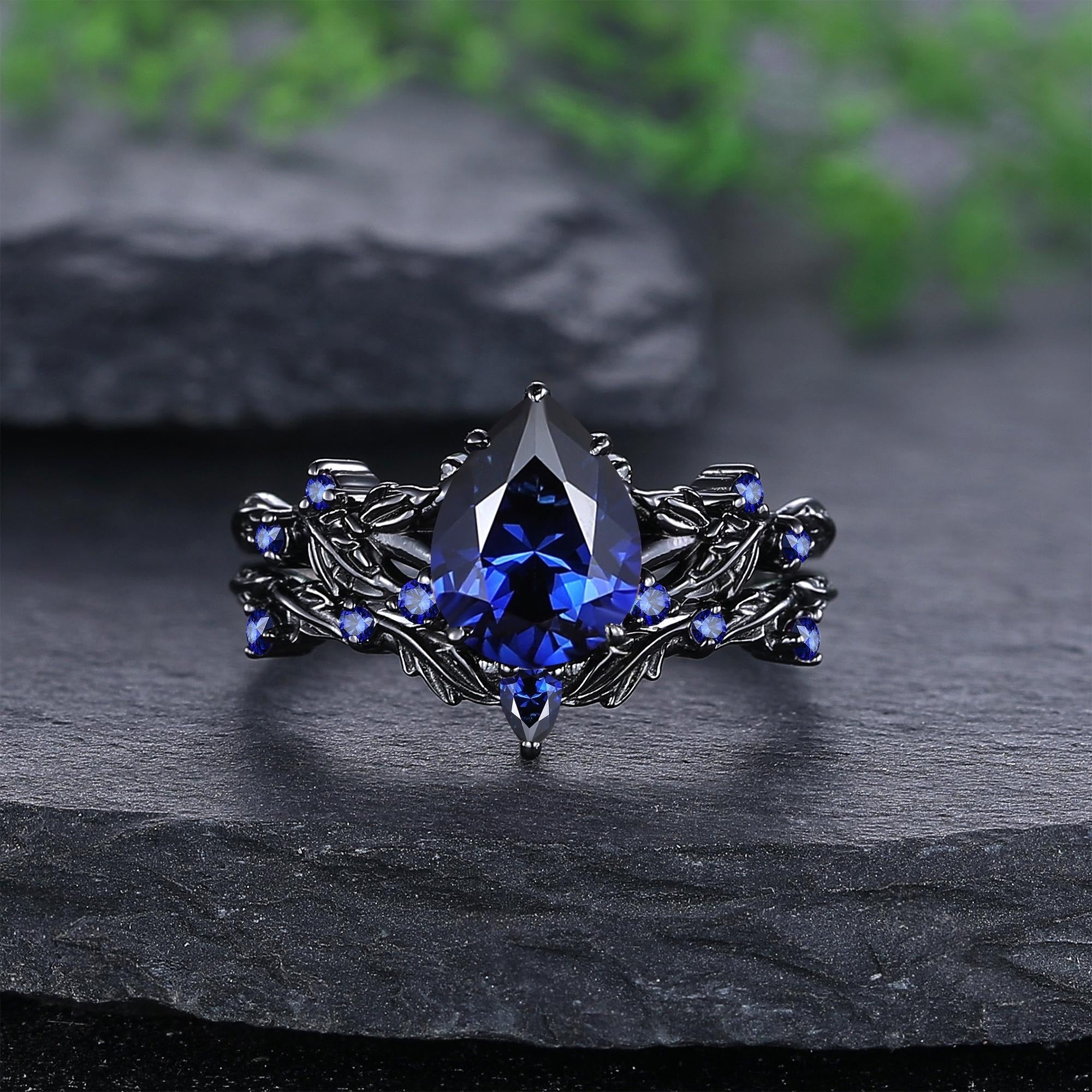 Pear Cut Blue Sapphire Engagement Rings Set Leaf Nature Inspired Women Ring - anerjuly