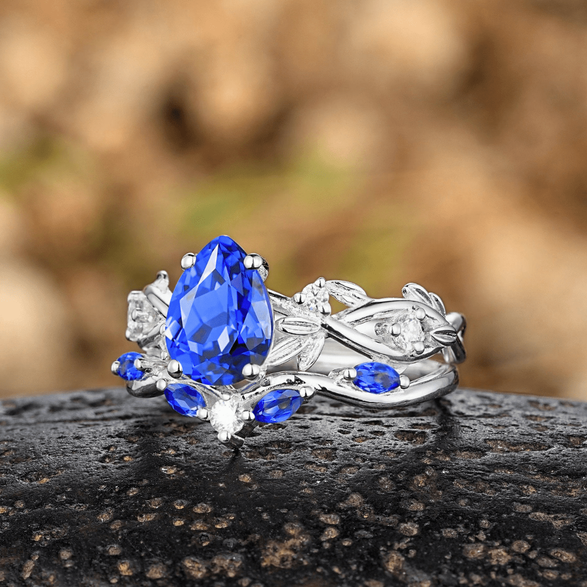 Pear Cut Blue Sapphire Engagement Rings Set Leaf Nature Inspired Women Ring For Women - anerjuly