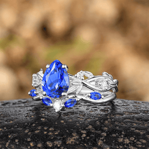 Pear Cut Blue Sapphire Engagement Rings Set Leaf Nature Inspired Women Ring For Women - anerjuly