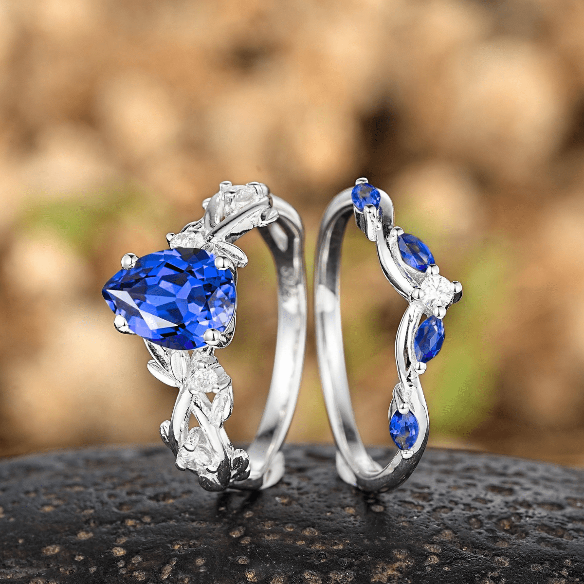 Pear Cut Blue Sapphire Engagement Rings Set Leaf Nature Inspired Women Ring For Women - anerjuly