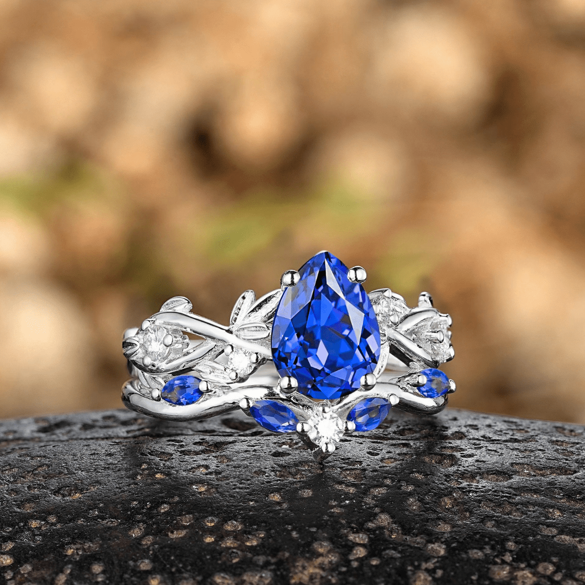 Pear Cut Blue Sapphire Engagement Rings Set Leaf Nature Inspired Women Ring For Women - anerjuly