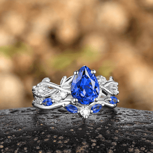Pear Cut Blue Sapphire Engagement Rings Set Leaf Nature Inspired Women Ring For Women - anerjuly