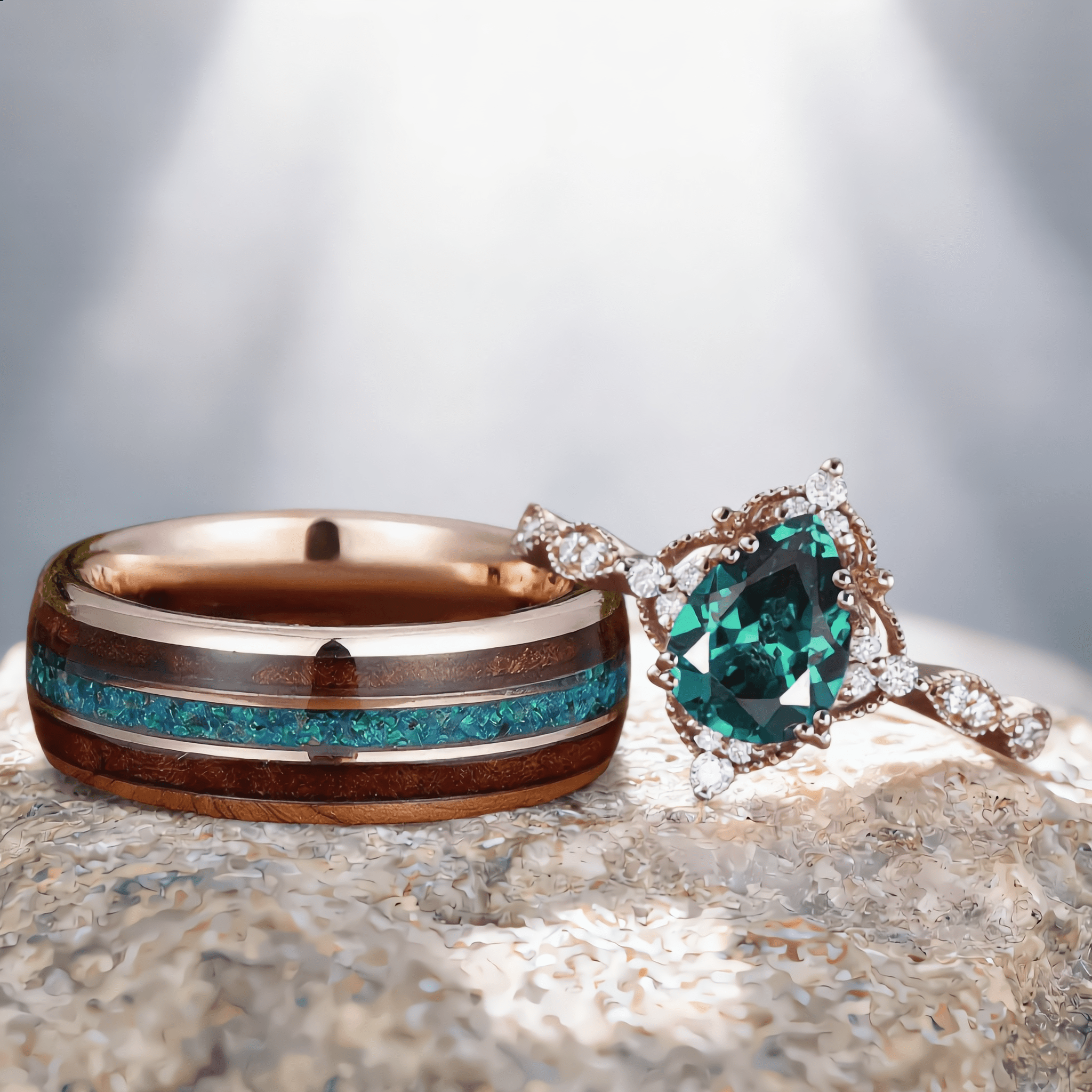 Pear Cut Emerald Pear Cut Ring Gold Green Opal Tungsten Unique His and Hers Rings Couple Ring - anerjuly