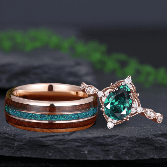 Pear Cut Emerald Pear Cut Ring Gold Green Opal Tungsten Unique His and Hers Rings Couple Ring - anerjuly