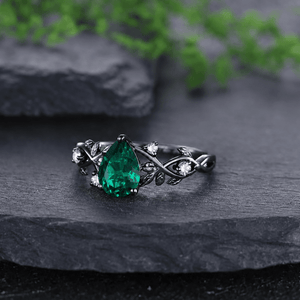 Pear Cut Gothic Leaf Emerald & Tungsten Couple Ring Set - anerjuly