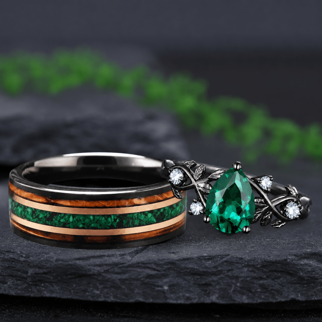 Pear Cut Gothic Leaf Emerald & Tungsten Couple Ring Set - anerjuly