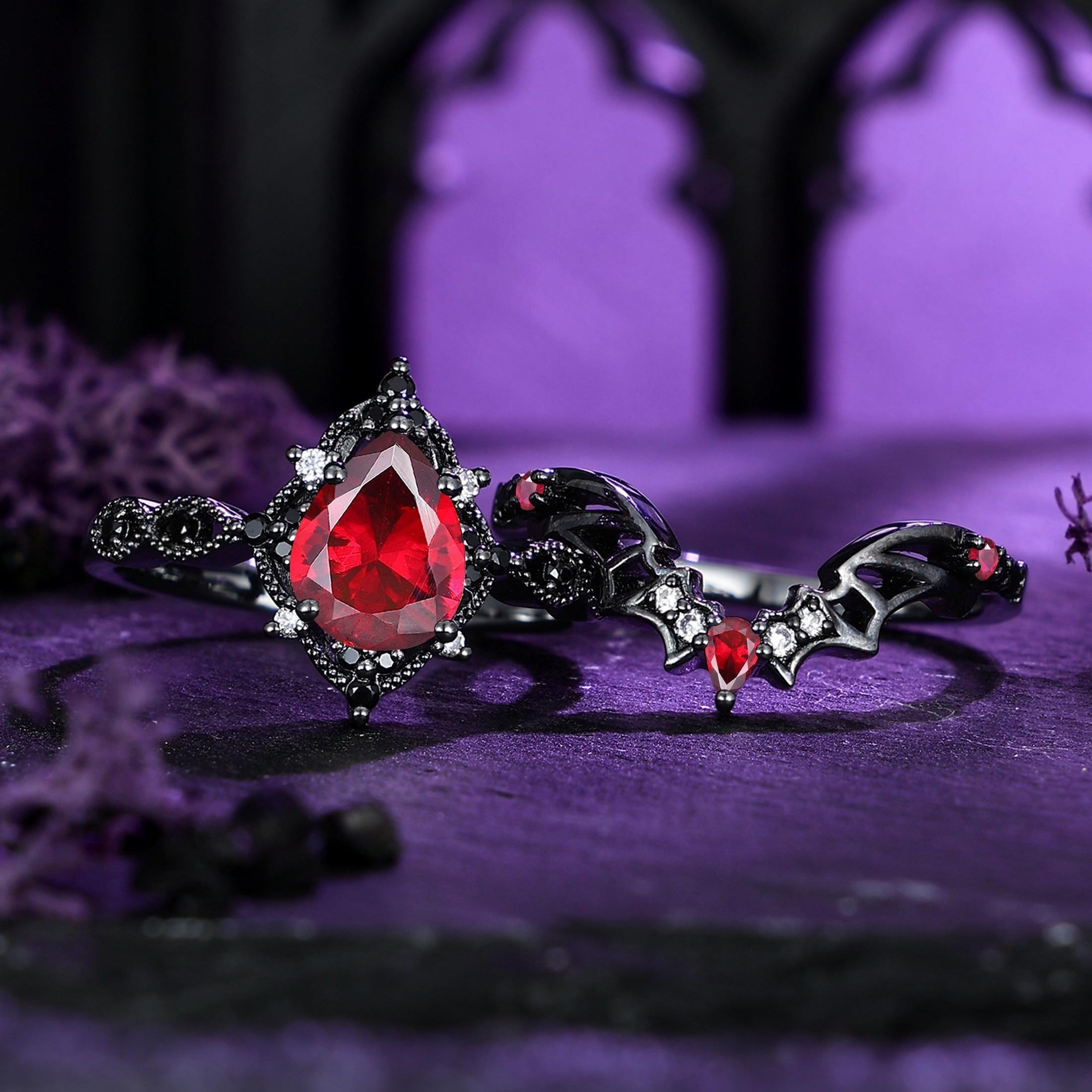 Pear - cut Nature Inspired Garnet Ring Black Gold Couple Rings Tungsten Wedding Band Promise Ring - anerjuly