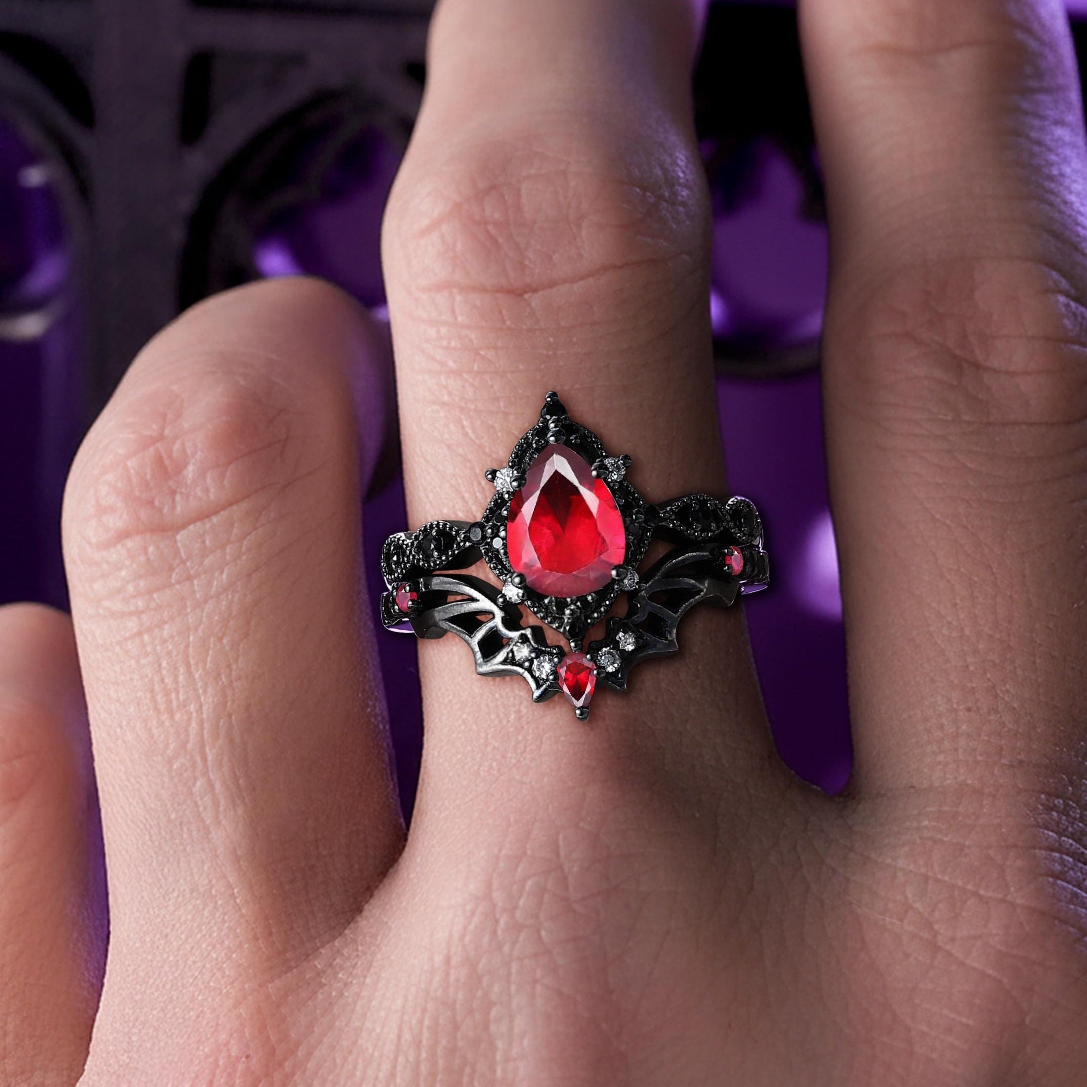 Pear - cut Nature Inspired Garnet Ring Black Gold Couple Rings Tungsten Wedding Band Promise Ring - anerjuly