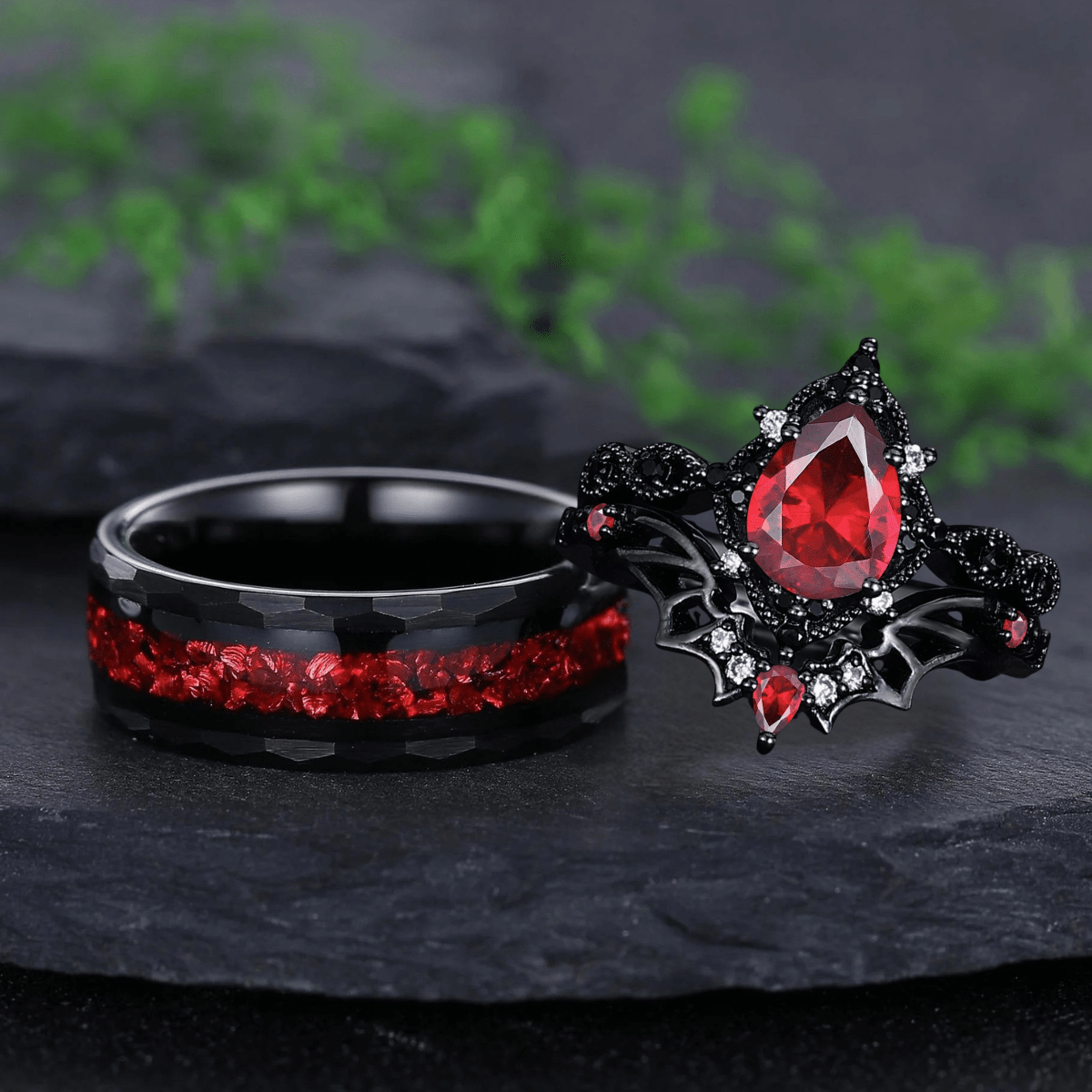 Pear - cut Nature Inspired Garnet Ring Black Gold Couple Rings Tungsten Wedding Band Promise Ring - anerjuly