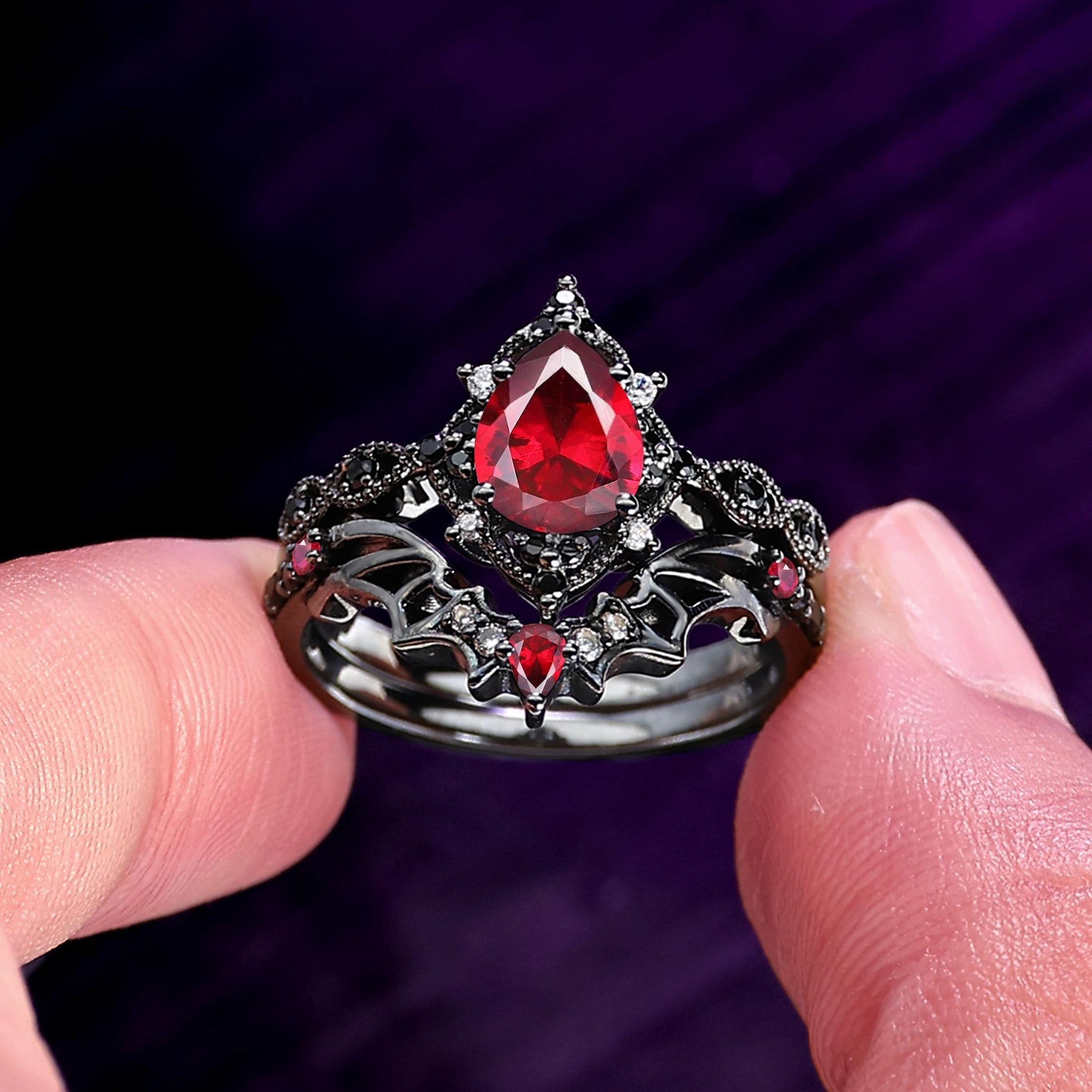 Pear - cut Nature Inspired Garnet Ring Black Gold Couple Rings Tungsten Wedding Band Promise Ring - anerjuly