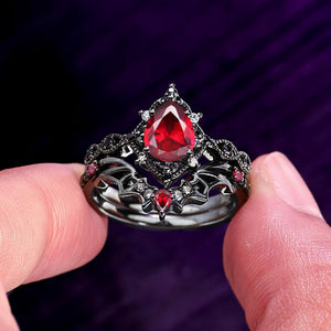 Pear - cut Nature Inspired Garnet Ring Black Gold Couple Rings Tungsten Wedding Band Promise Ring - anerjuly