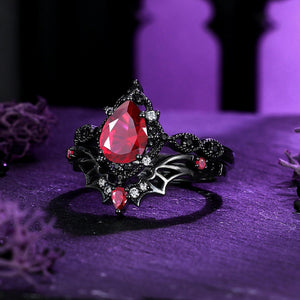 Pear - cut Nature Inspired Garnet Ring Black Gold Couple Rings Tungsten Wedding Band Promise Ring - anerjuly