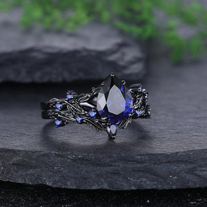 Pear Cut Sapphire Couples Ring Set Black Gold Wedding Band Engagement Ring Twig Leaf His and Her matching rings - anerjuly