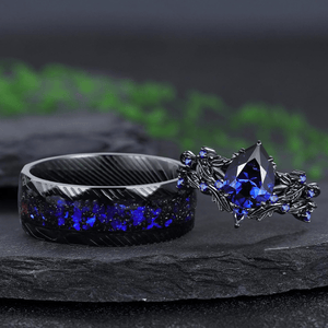 Pear Cut Sapphire Couples Ring Set Black Gold Wedding Band Engagement Ring Twig Leaf His and Her matching rings - anerjuly
