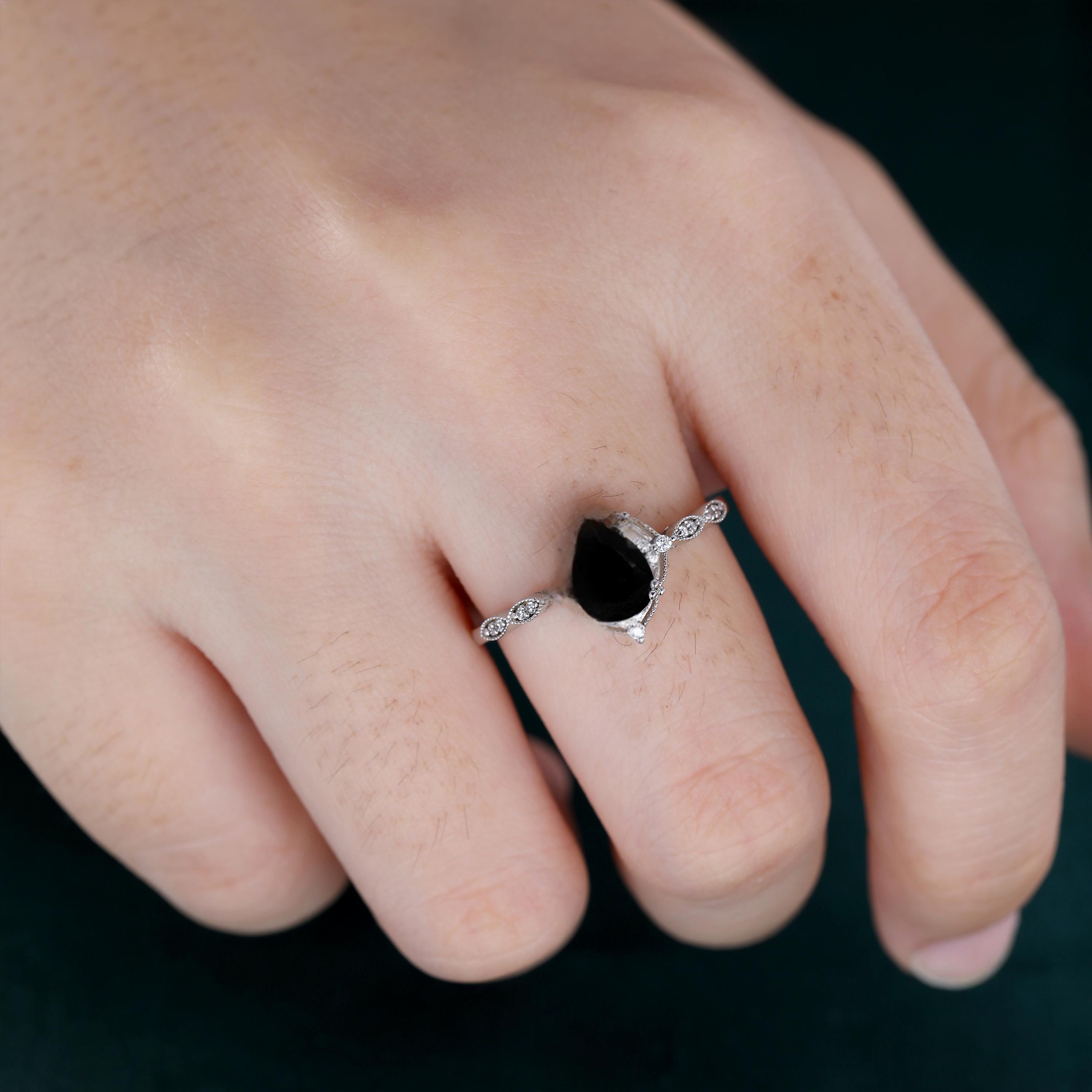 Pear Cut Vintage Black Onyx Couple Ring Set Tungsten Wedding Band for His and Her Promise Ring - anerjuly