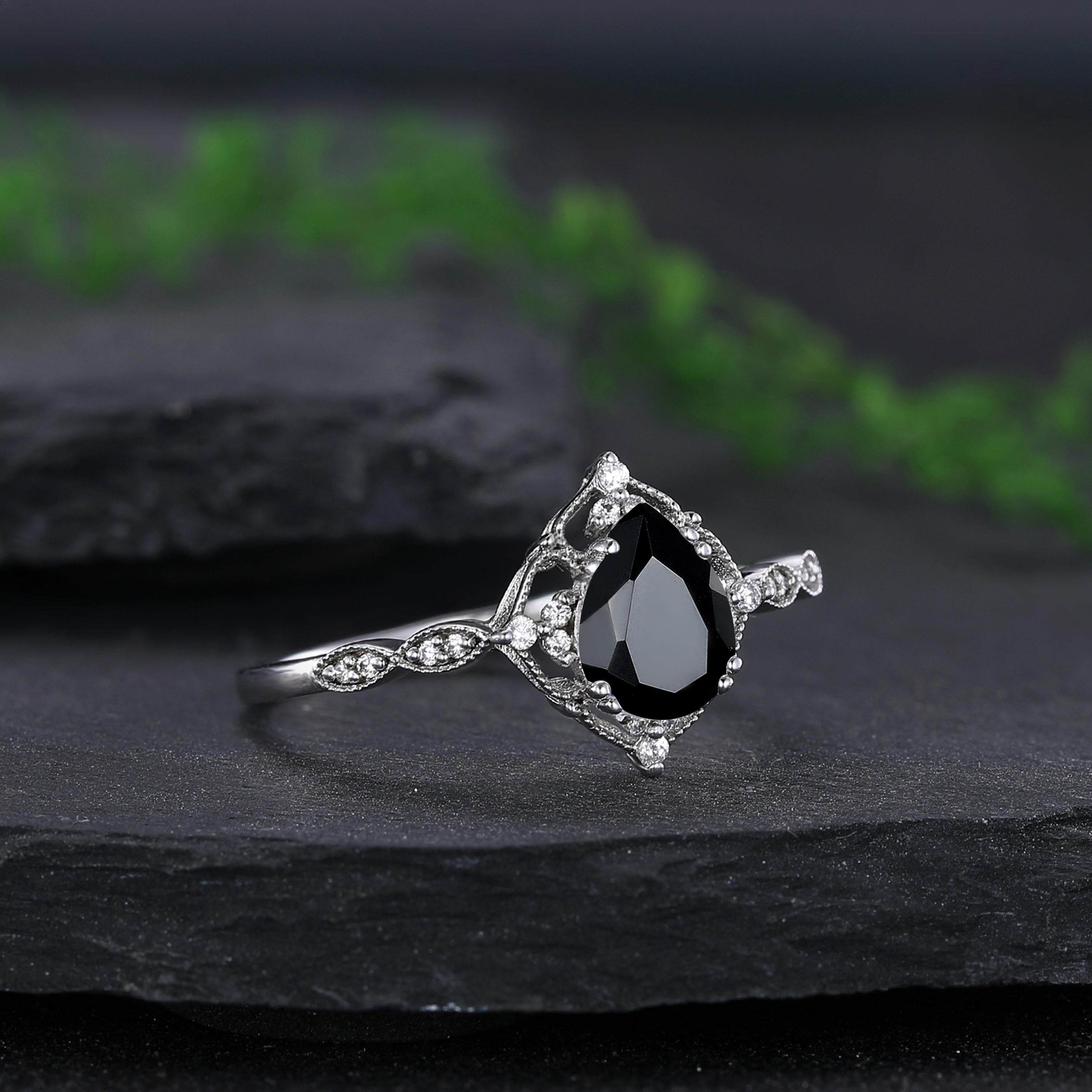 Pear Cut Vintage Black Onyx Couple Ring Set Tungsten Wedding Band for His and Her Promise Ring - anerjuly