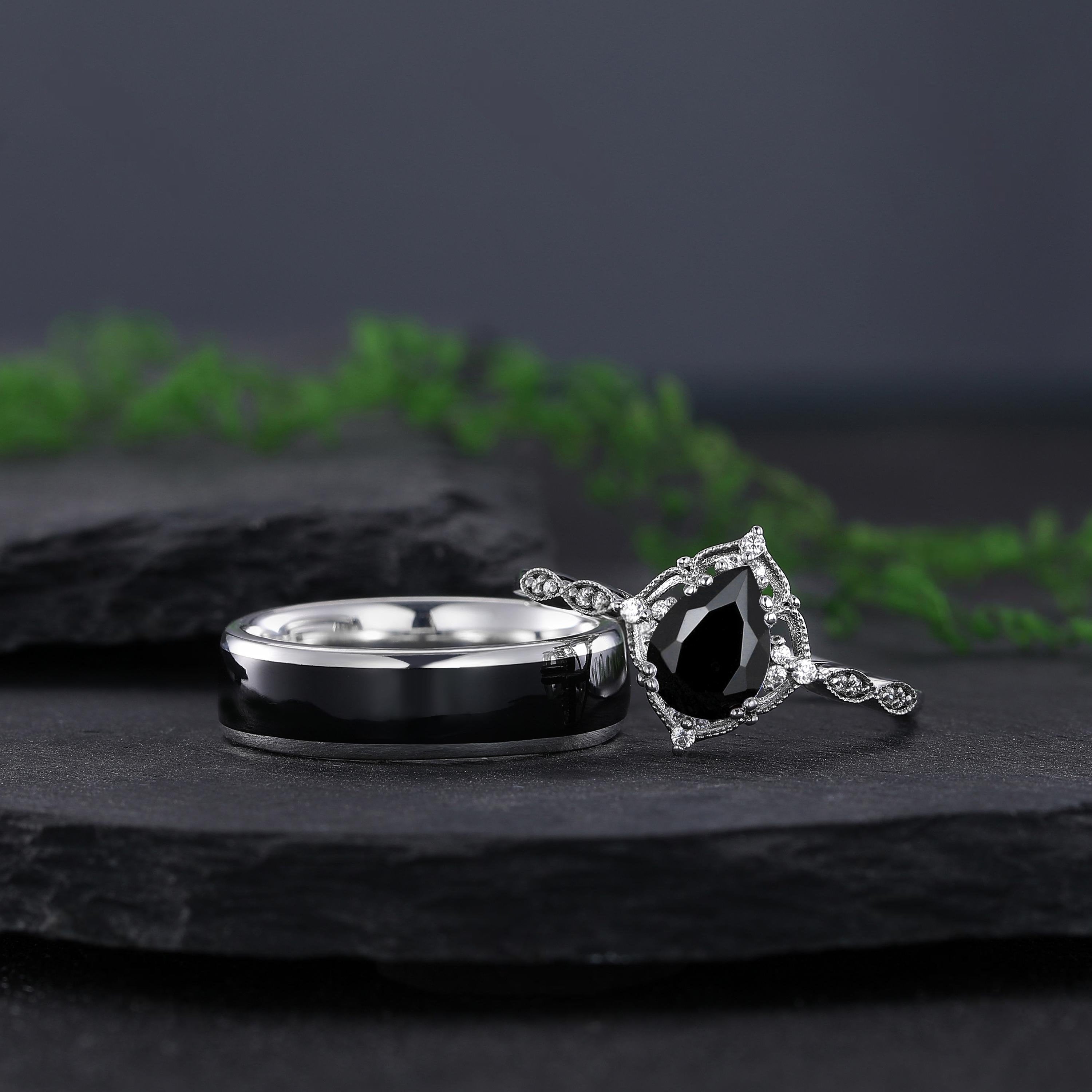 Pear Cut Vintage Black Onyx Couple Ring Set Tungsten Wedding Band for His and Her Promise Ring - anerjuly