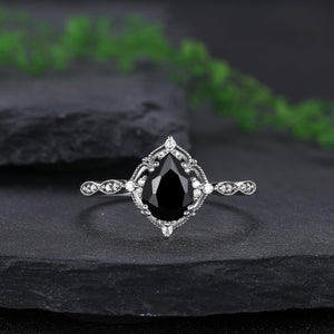 Pear Cut Vintage Black Onyx Couple Ring Set Tungsten Wedding Band for His and Her Promise Ring - anerjuly