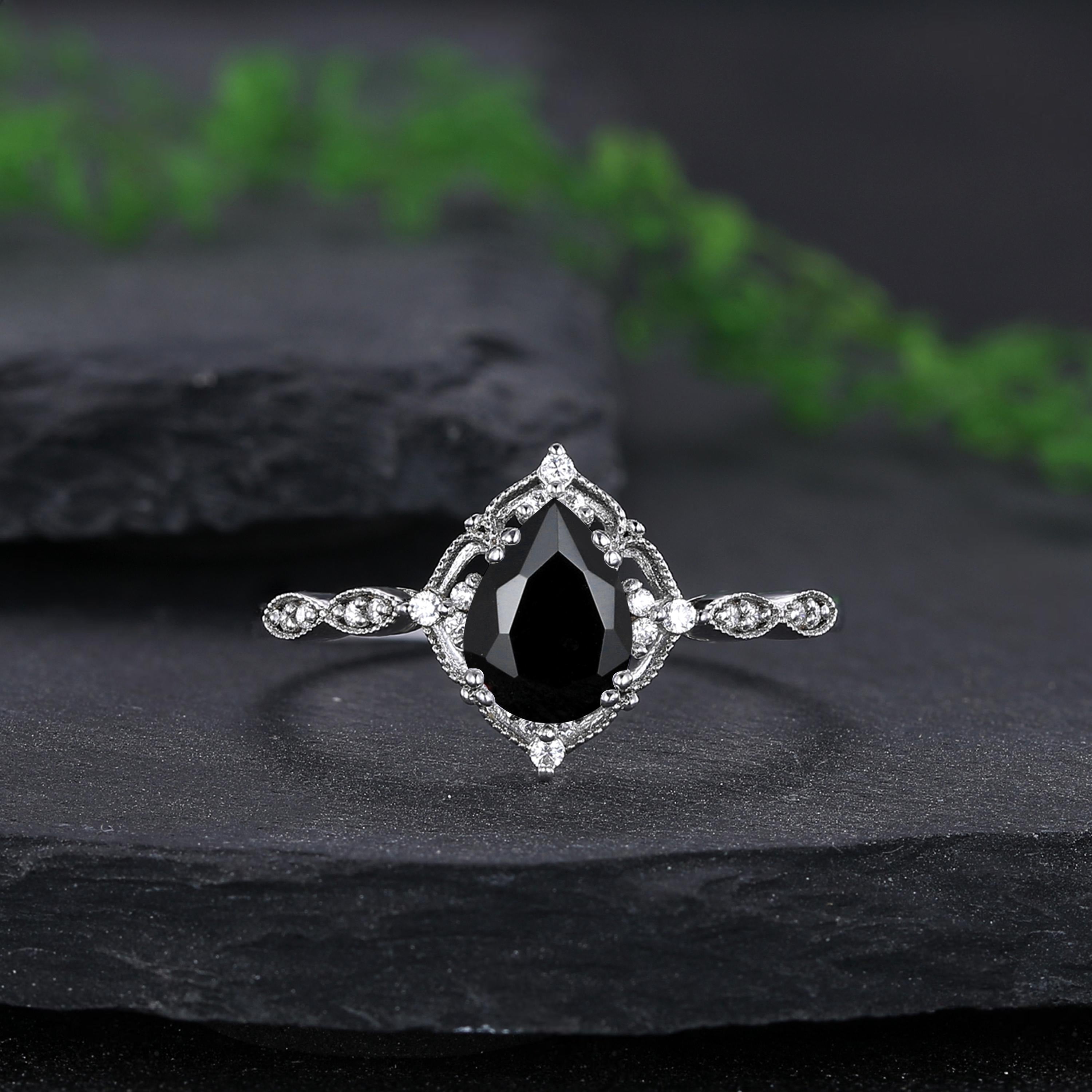 Pear Cut Vintage Black Onyx Couple Ring Set Tungsten Wedding Band for His and Her Promise Ring - anerjuly