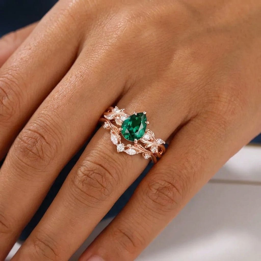 Pear Emerald and Glossy Tungsten Couple Ring Set with Peacock Blue Opal Inlay - anerjuly