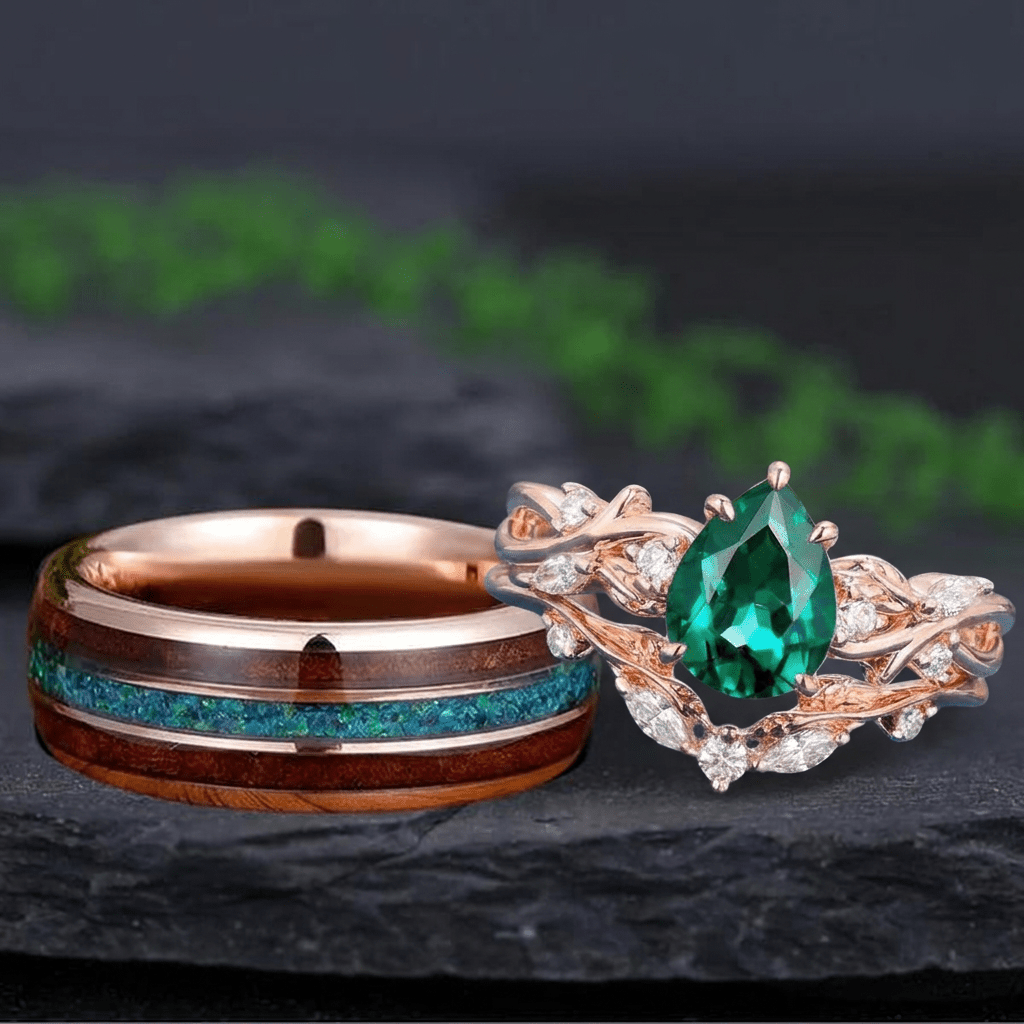 Pear Emerald and Glossy Tungsten Couple Ring Set with Peacock Blue Opal Inlay - anerjuly