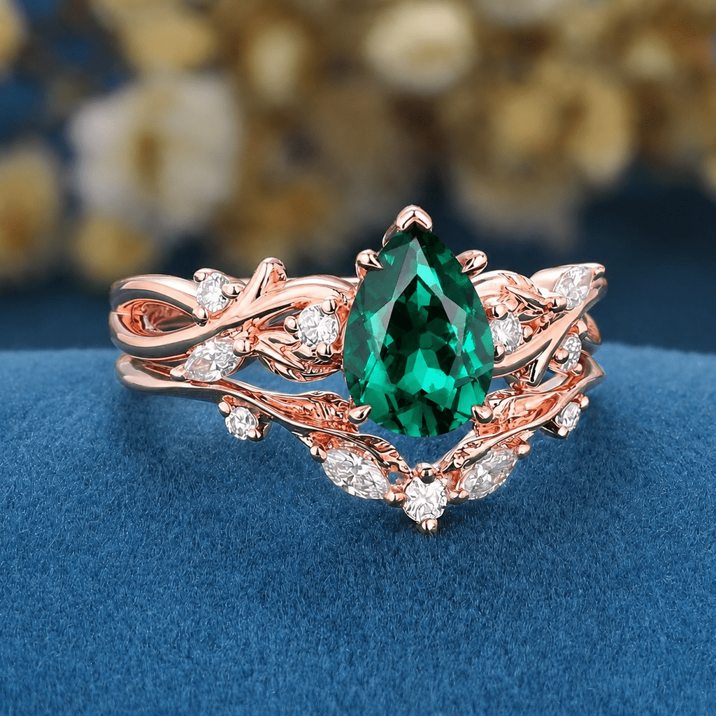 Pear Emerald and Glossy Tungsten Couple Ring Set with Peacock Blue Opal Inlay - anerjuly