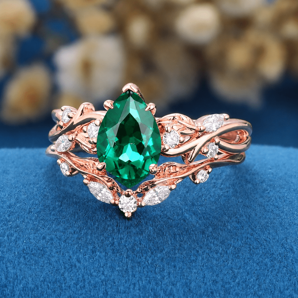 Pear Emerald and Glossy Tungsten Couple Ring Set with Peacock Blue Opal Inlay - anerjuly