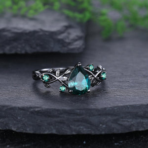 Pear Emerald Engagement Ring Black Gold Leaf Cluster Wedding Ring Women Bridal Promise Ring - anerjuly