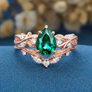 Her Ring - Pear Emerald Engagement Ring Black Gold Leaf Cluster Wedding Ring Women Bridal Promise Ring