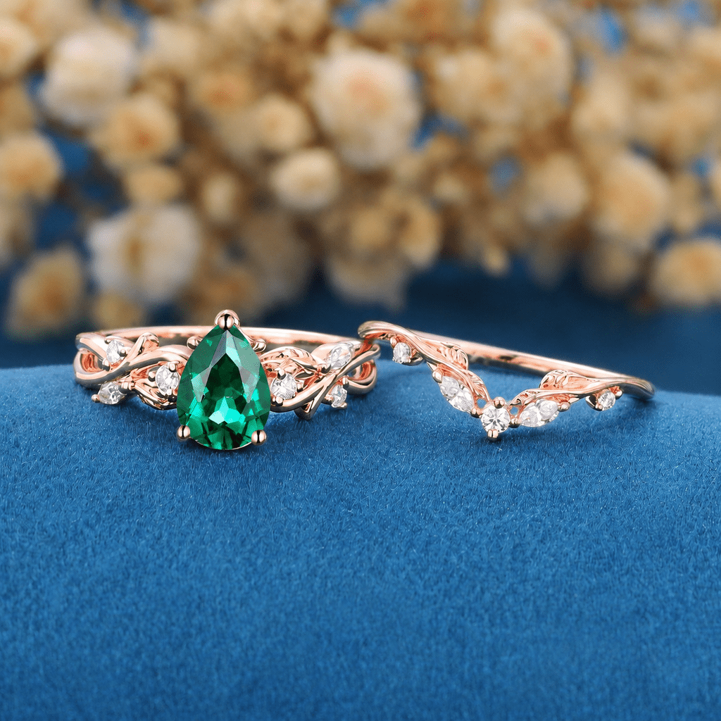 Her Ring - Pear Emerald Engagement Ring Black Gold Leaf Cluster Wedding Ring Women Bridal Promise Ring
