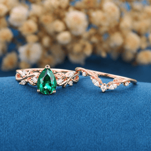 Her Ring - Pear Emerald Engagement Ring Black Gold Leaf Cluster Wedding Ring Women Bridal Promise Ring