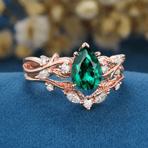 Her Ring - Pear Emerald Engagement Ring Black Gold Leaf Cluster Wedding Ring Women Bridal Promise Ring