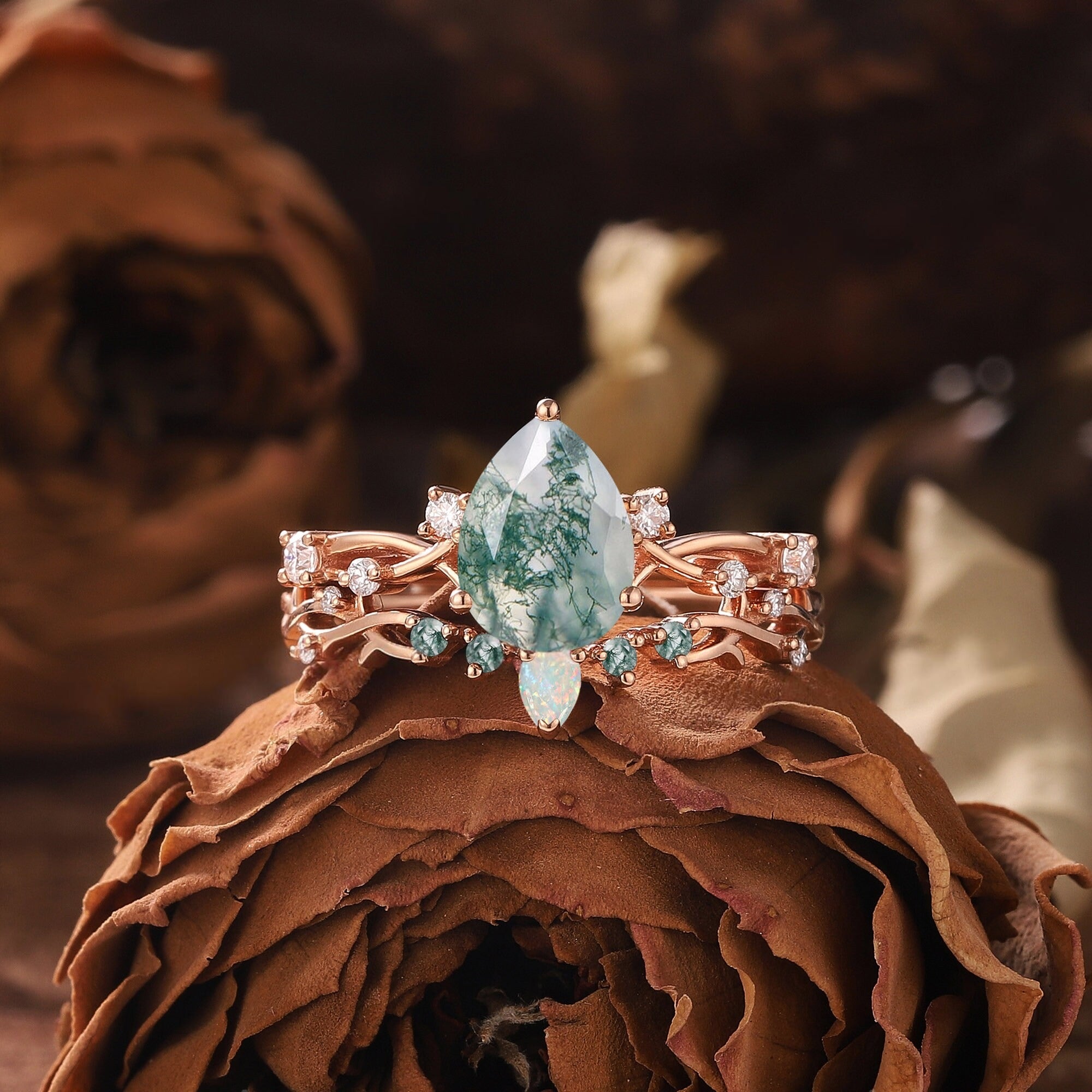 Pear Nature Moss Agate Engagement Ring Set Leaf Floral Nature Inspired Wedding Ring Anniversary Rings For Women - anerjuly