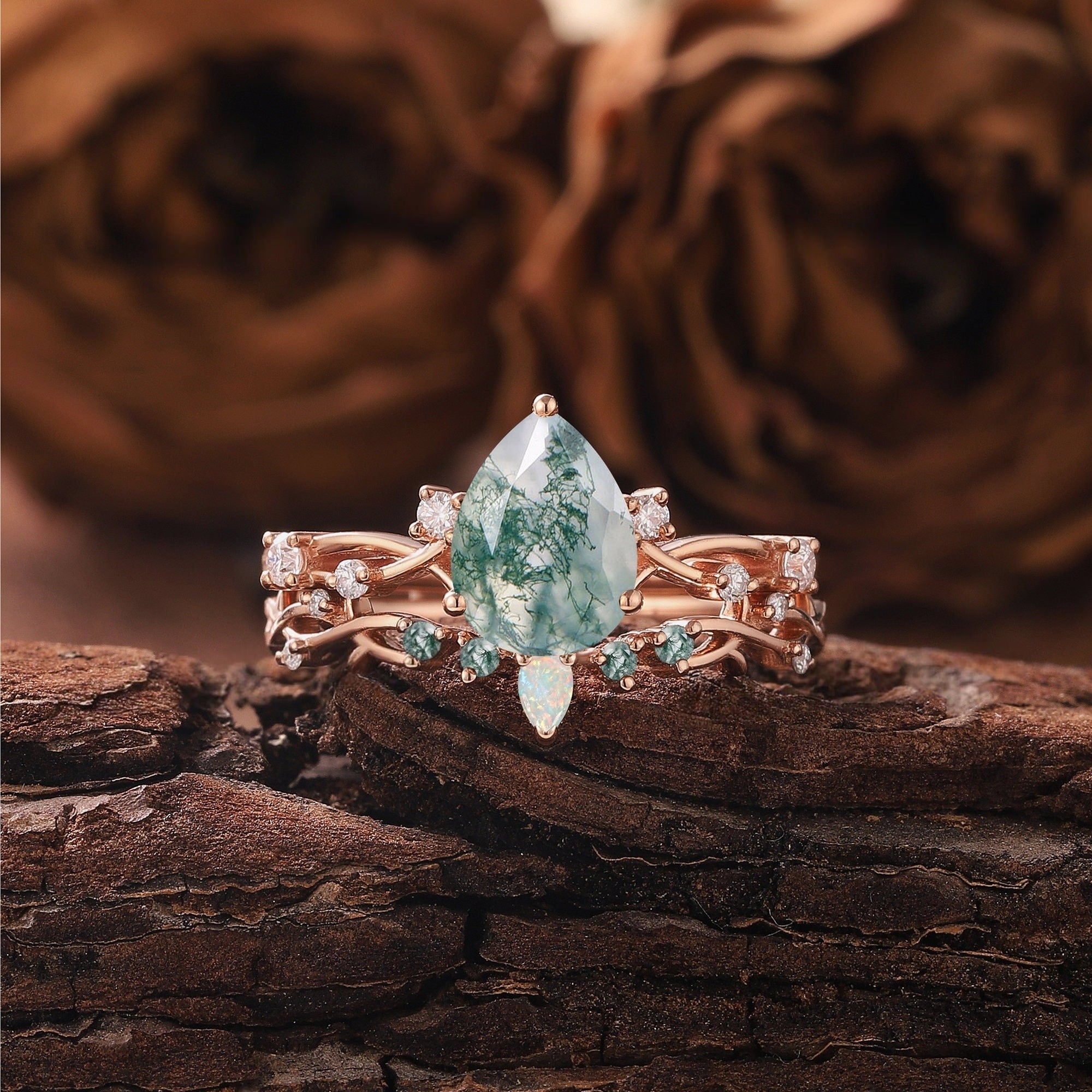 Pear Nature Moss Agate Engagement Ring Set Leaf Floral Nature Inspired Wedding Ring Anniversary Rings For Women - anerjuly