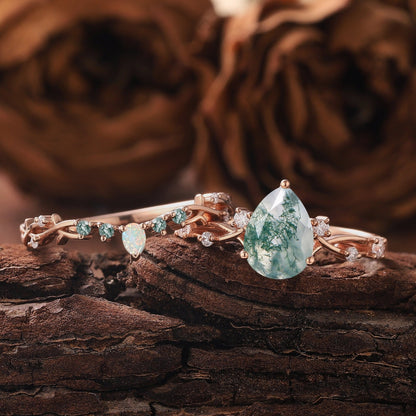Pear Nature Moss Agate Engagement Ring Set Leaf Floral Nature Inspired Wedding Ring Anniversary Rings For Women - anerjuly