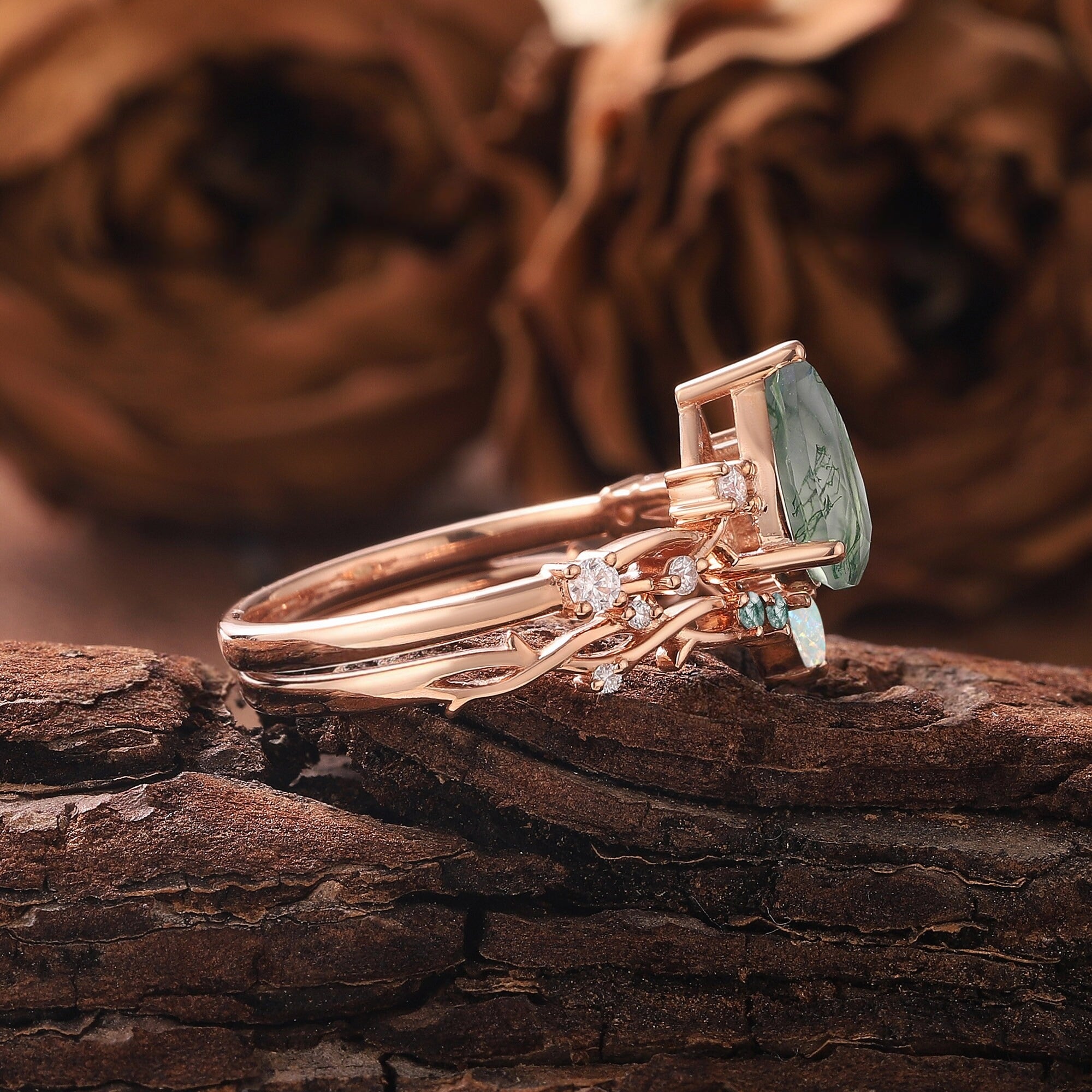 Pear Nature Moss Agate Engagement Ring Set Leaf Floral Nature Inspired Wedding Ring Anniversary Rings For Women - anerjuly
