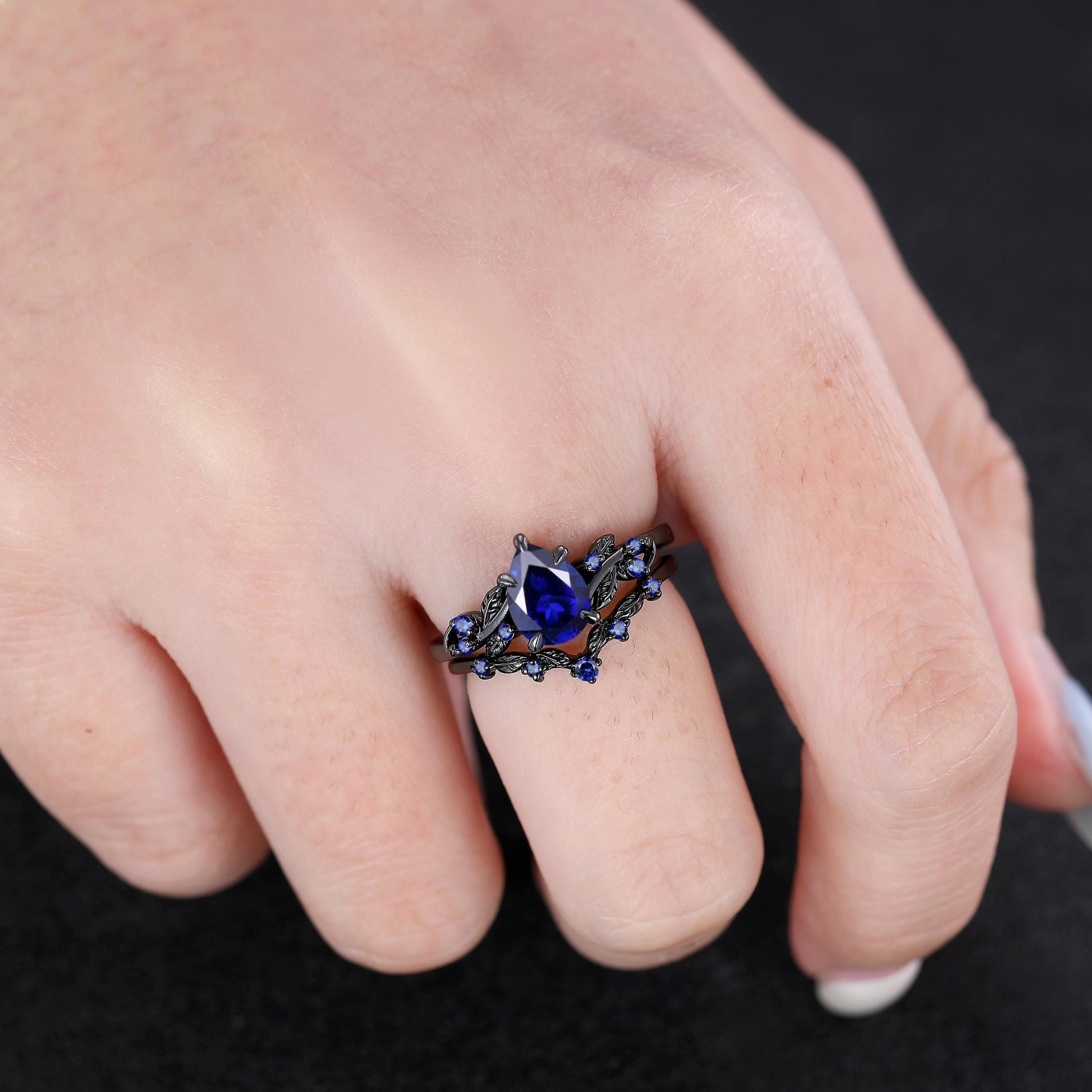 Pear Sapphire Couples Ring Set Black Gold His&Her Wedding Band Engagement Ring Twig Leaf Sapphire Ring For Women Bridal Promise Ring Gift - anerjuly