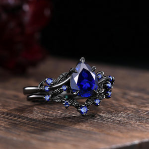 Pear Sapphire Couples Ring Set Black Gold His&Her Wedding Band Engagement Ring Twig Leaf Sapphire Ring For Women Bridal Promise Ring Gift - anerjuly