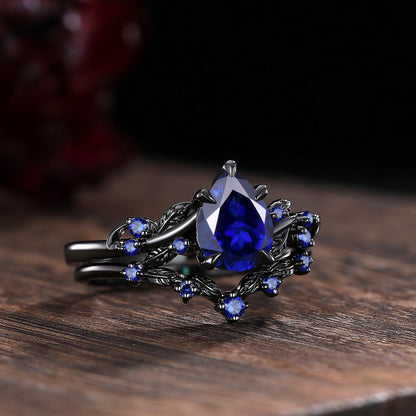 Pear Sapphire Couples Ring Set Black Gold His&Her Wedding Band Engagement Ring Twig Leaf Sapphire Ring For Women Bridal Promise Ring Gift - anerjuly