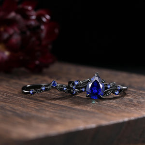 Pear Sapphire Couples Ring Set Black Gold His&Her Wedding Band Engagement Ring Twig Leaf Sapphire Ring For Women Bridal Promise Ring Gift - anerjuly