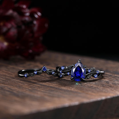 Pear Sapphire Couples Ring Set Black Gold His&Her Wedding Band Engagement Ring Twig Leaf Sapphire Ring For Women Bridal Promise Ring Gift - anerjuly