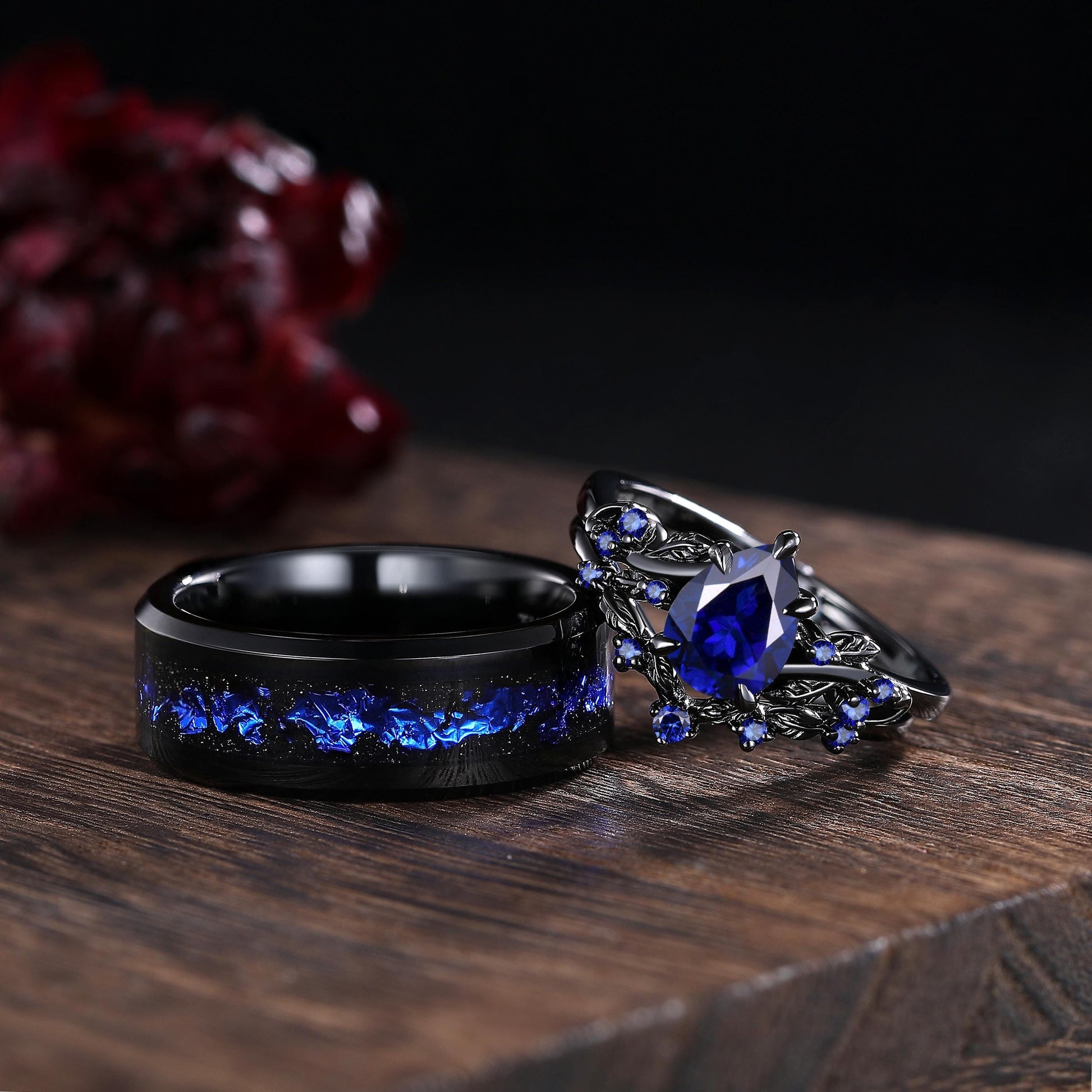 Pear Sapphire Couples Ring Set Black Gold His&Her Wedding Band Engagement Ring Twig Leaf Sapphire Ring For Women Bridal Promise Ring Gift - anerjuly