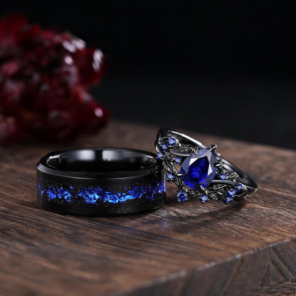 Pear Sapphire Couples Ring Set Black Gold His&Her Wedding Band Engagement Ring Twig Leaf Sapphire Ring For Women Bridal Promise Ring Gift - anerjuly