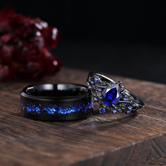 Pear Sapphire Couples Ring Set Black Gold His&Her Wedding Band Engagement Ring Twig Leaf Sapphire Ring For Women Bridal Promise Ring Gift - anerjuly