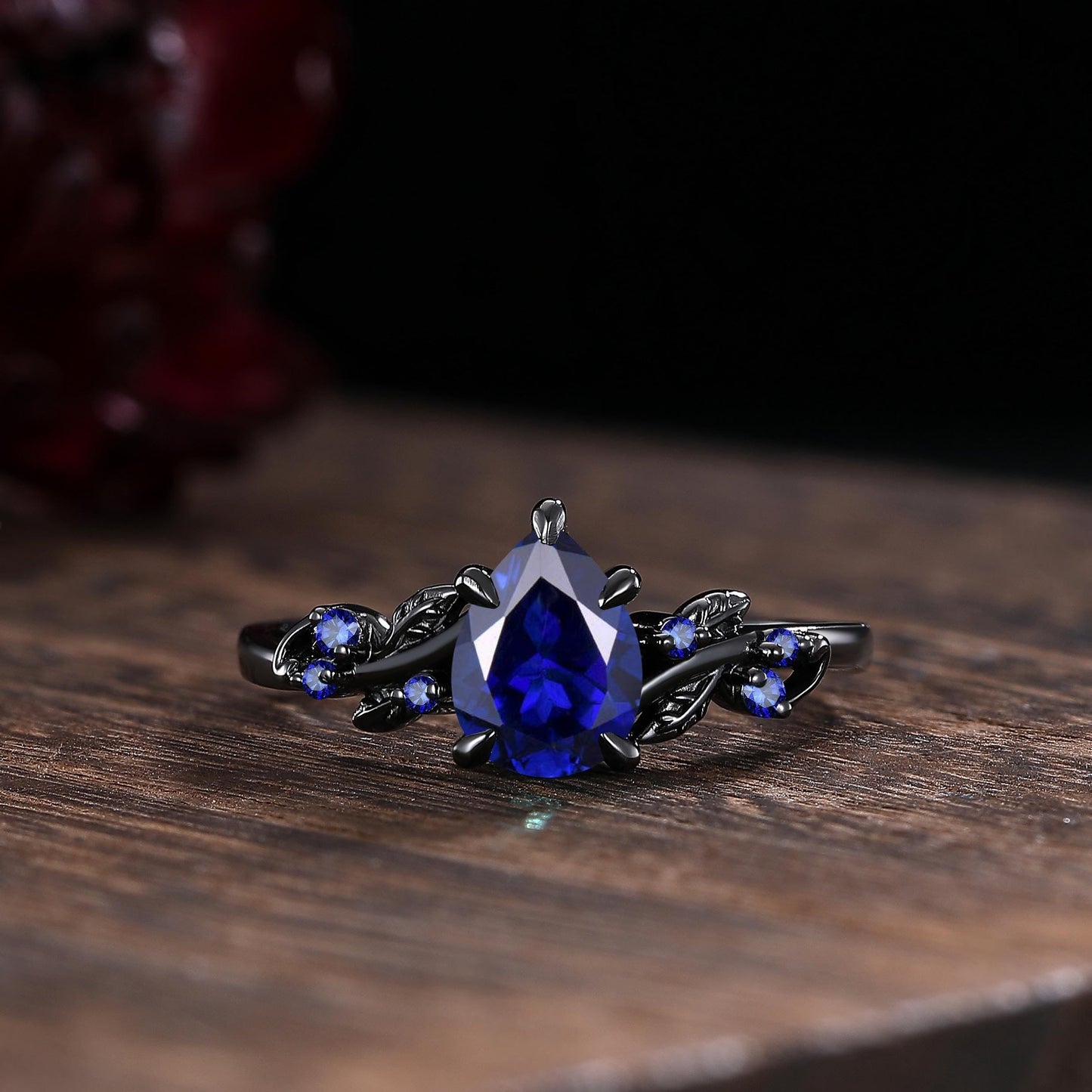 Pear Sapphire Couples Ring Set Black Gold His&Her Wedding Band Engagement Ring Twig Leaf Sapphire Ring For Women Bridal Promise Ring Gift - anerjuly