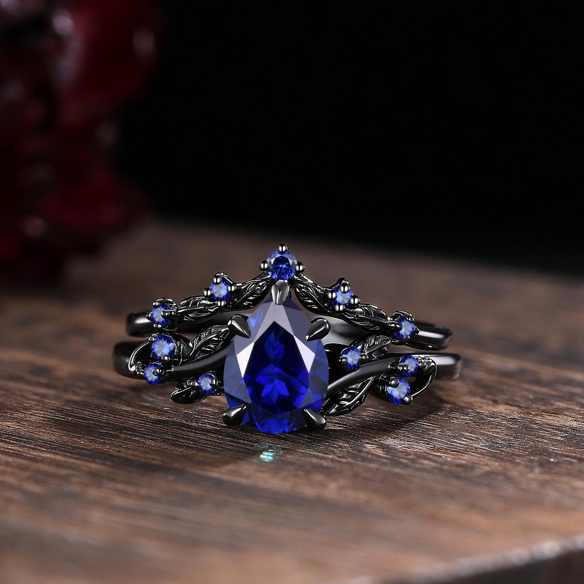 Pear Sapphire Couples Ring Set Black Gold His&Her Wedding Band Engagement Ring Twig Leaf Sapphire Ring For Women Bridal Promise Ring Gift - anerjuly
