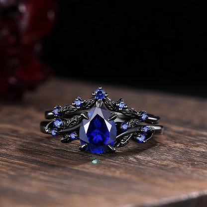 Pear Sapphire Couples Ring Set Black Gold His&Her Wedding Band Engagement Ring Twig Leaf Sapphire Ring For Women Bridal Promise Ring Gift - anerjuly