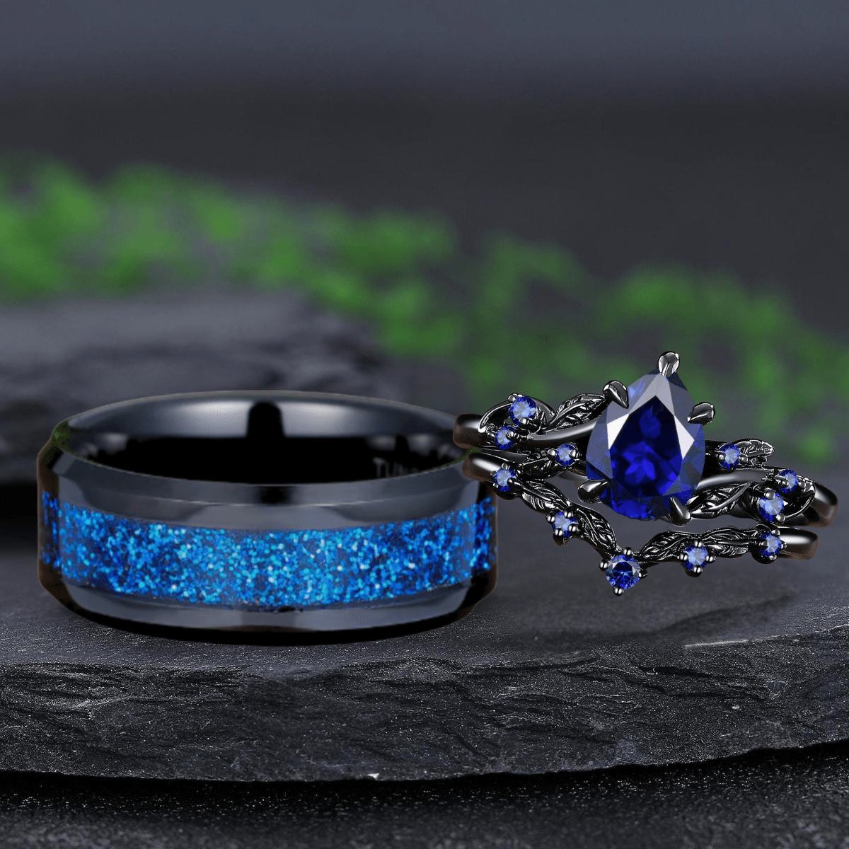 Pear Sapphire Couples Ring Set Black Gold Wedding Band Engagement Ring Twig Leaf Sapphire Ring For Women Bridal Promise Ring Gift - anerjuly