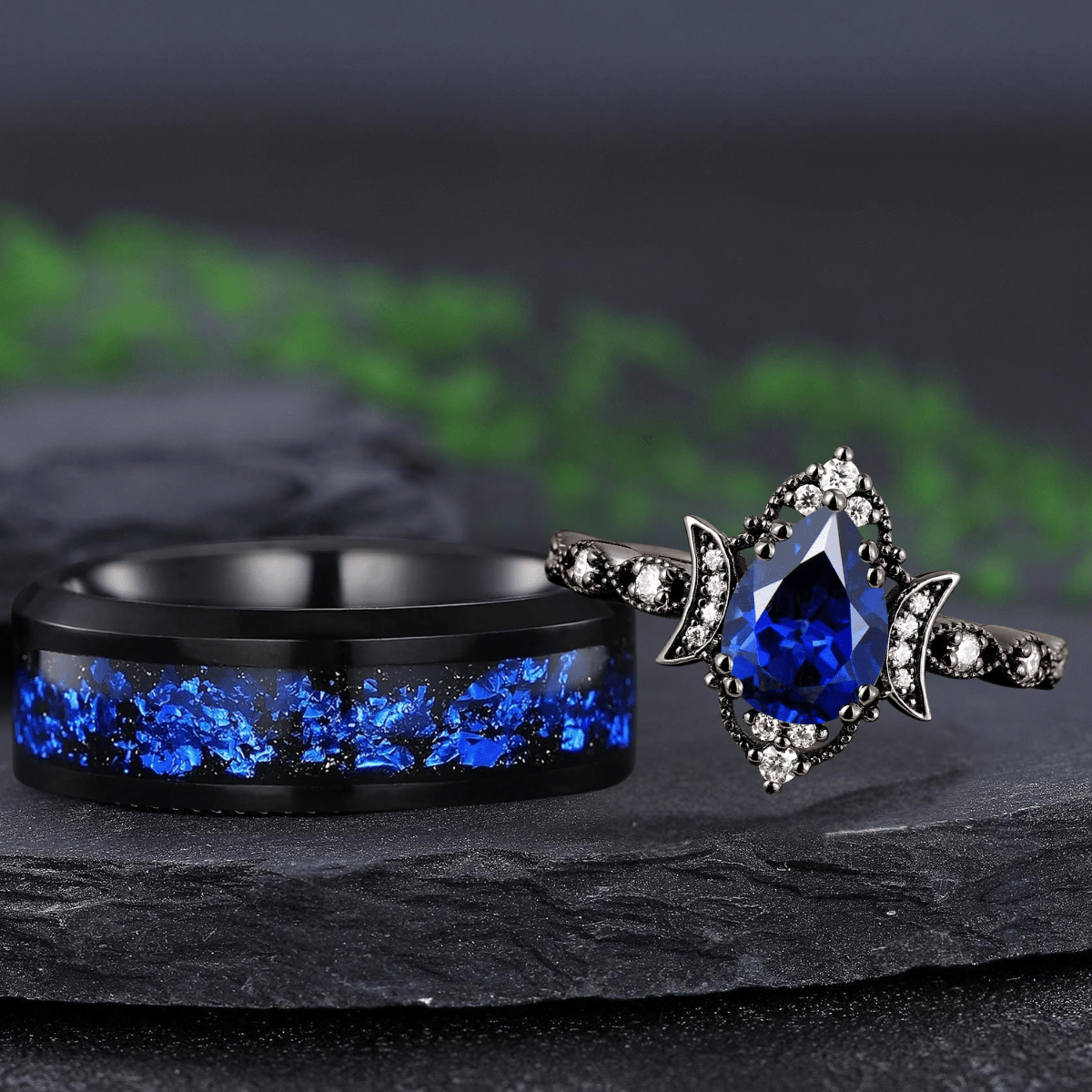 Pear Sapphire Moon Engagement Ring Black Gold Black Gold His and Her Nature Inspired Bridal Set - anerjuly