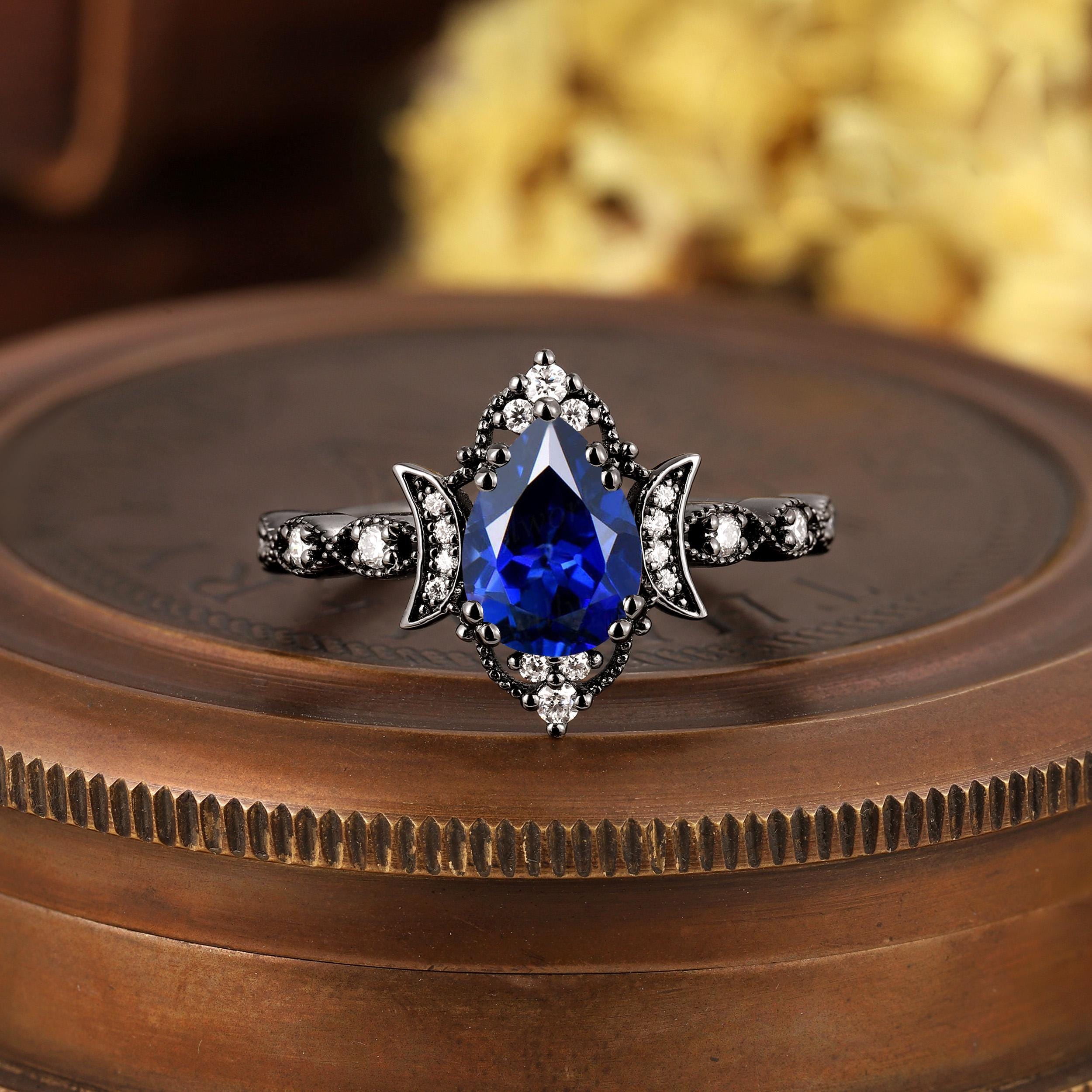 Pear Sapphire Moon Engagement Ring Black Gold Black Gold His and Her Nature Inspired Bridal Set - anerjuly
